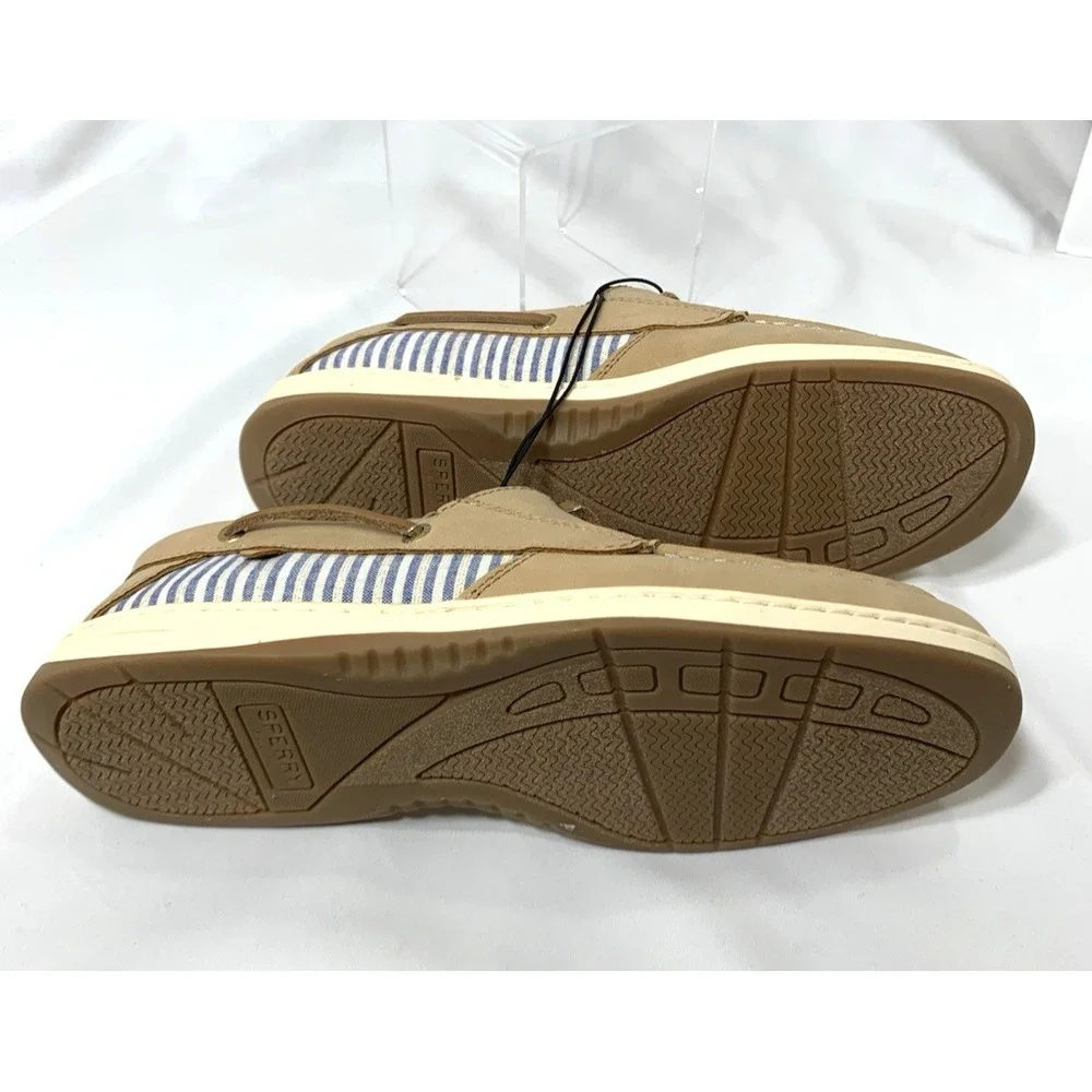 NEW Sperry Boat Shoe Womens 8.5 Whalefish Top Sider Tan Leather Blue Stripe
